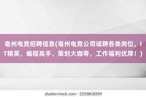 亳州电竞招聘信息(亳州电竞公司诚聘各类岗位，IT精英、编程高手、策划大咖等，工作福利优厚！)